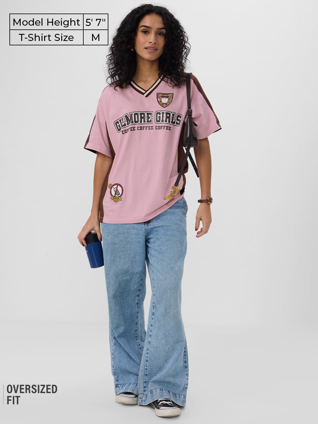 The Souled Store Gilmore Girls: Coffee Women and Girls Short Sleeves V Neck Pink Graphic Printed Cotton Oversized T-Shirts