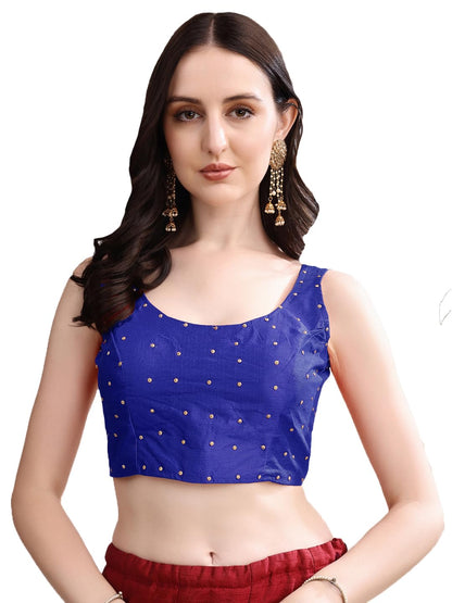 Pujia Mills Womens Square Neck Silk Sleeveless with Stone Work Readymade Blouse