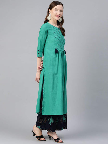 idaLia Navy Blue & Rama Green Ethnic Kurta Set for Women 3/4 Sleeve, Round Neck Cotton A-line Solid Kurta with Palazzo Pant Set