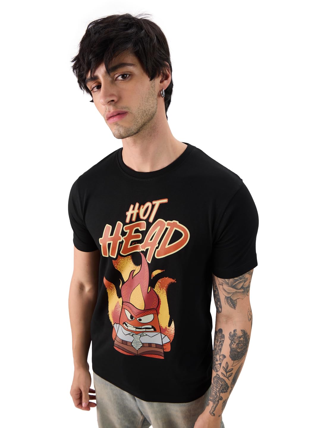 The Souled Official Store Inside Out: Hot Head Men and Boys Short Sleeves Round Neck Black Graphic Printed Regular Fit Cotton T-