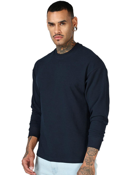 Bewakoof Heavy Duty 1.0 Mens Textured Oversized Fit Full Sleeve Round Neck Cotton Poly T-Shirt_685347_Blue_M