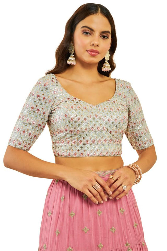 Soch Womens Grey Georgette Sequin Embellished and Embroidered Back-Open Blouse
