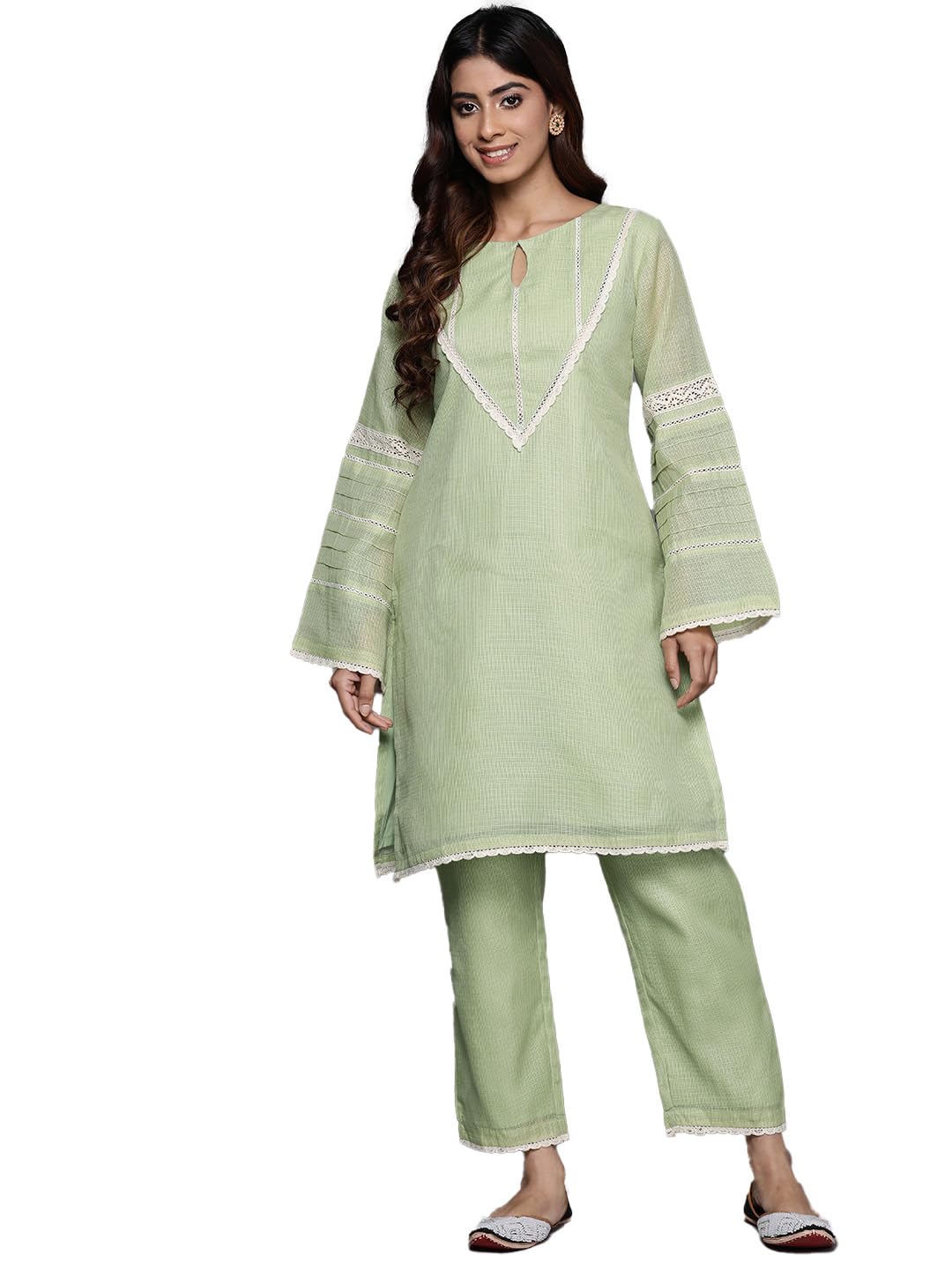 Varanga Women Green Kota Check Cotton Lace Short Kurta With Bottom, Round Neck With Keyhole Detail, Long Sleeves, Side Slits, To