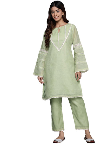 Varanga Women Green Kota Check Cotton Lace Short Kurta With Bottom, Round Neck With Keyhole Detail, Long Sleeves, Side Slits, To