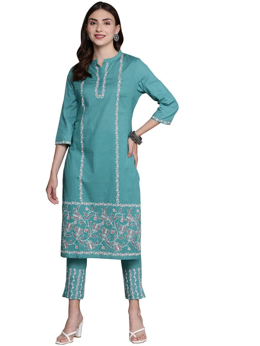 ZIYAA Women's Cotton Women's's Teal Blue Straight Kurta And Pant Set