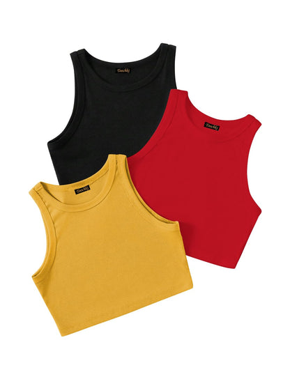 Toochki Tops for Woman | Spandex Top | Crop | Short | Western | for Jeans | Sleeveless | Stretchable | Pack of Three | Black-RED