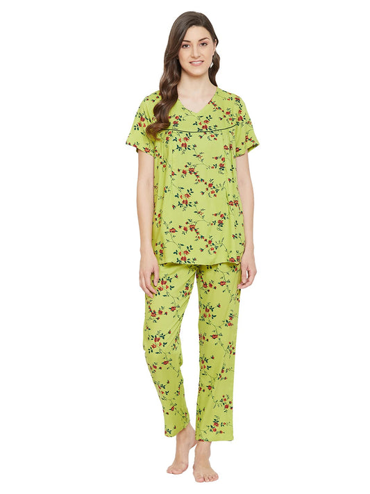 Clovia Womens Cotton Feeding Pretty Florals Top & Pyjama (LS0349R11_Green_XXL)