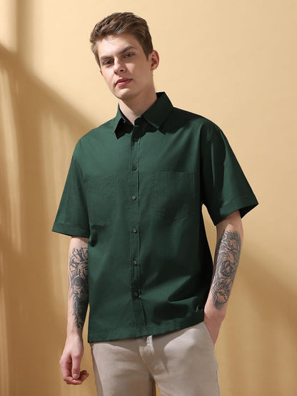 Dennis Lingo Men Relaxed Fit Green Half Sleeves Cotton Casual Shirt