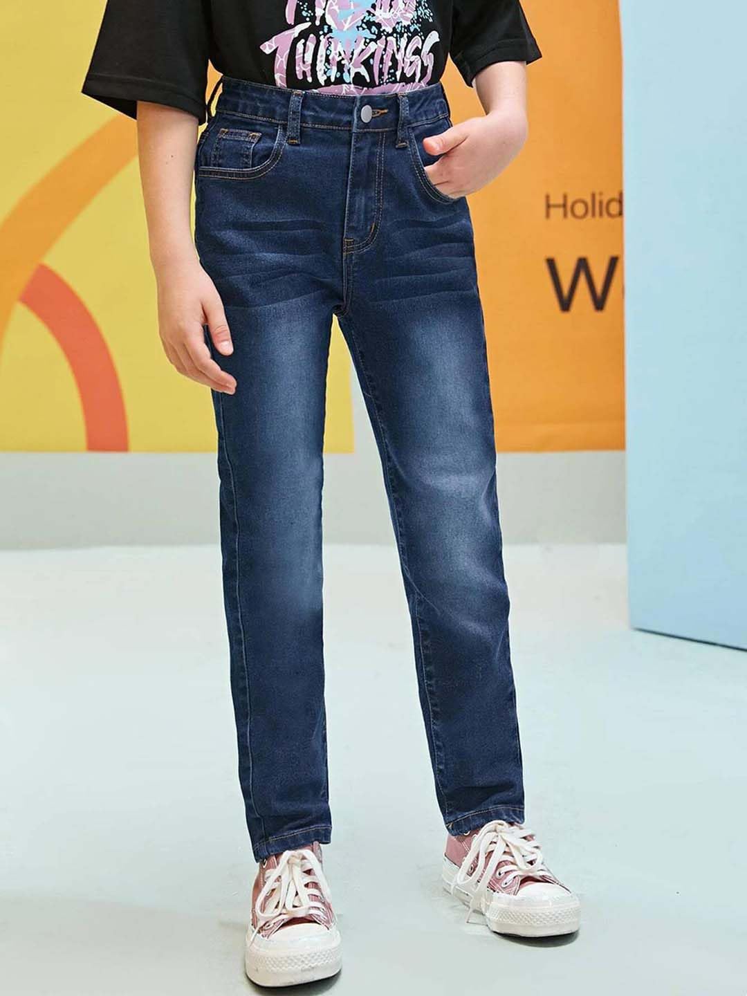 Kotty Boys Straight Fit Cotton Lycra Blend Solid Jeans