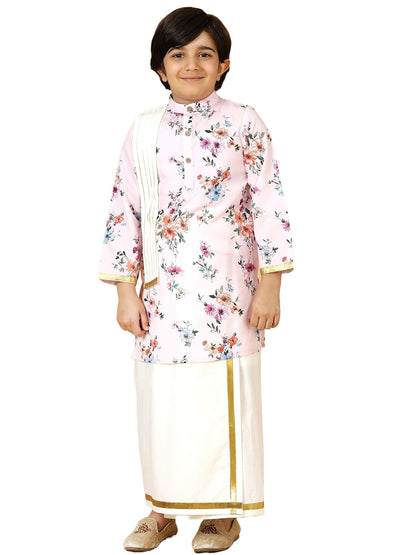 A.T.U.N. (ALL THINGS UBER NICE) Boys Soft Pink Floral Printed Kurta with Elasticated Mundu with Underneath Shorts Set