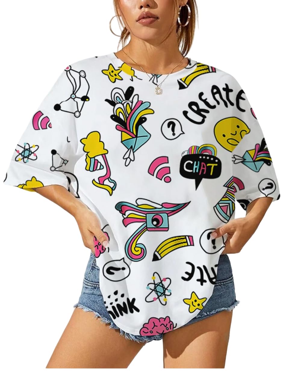 Noble Monk Women Casual Printed Round Neck Top | Colorful Print | Drop Shoulder | Half Sleeve | Regular Fit T-Shirt For Women
