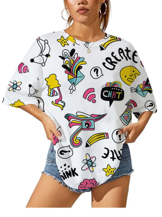 Noble Monk Women Casual Printed Round Neck Top | Colorful Print | Drop Shoulder | Half Sleeve | Regular Fit T-Shirt For Women