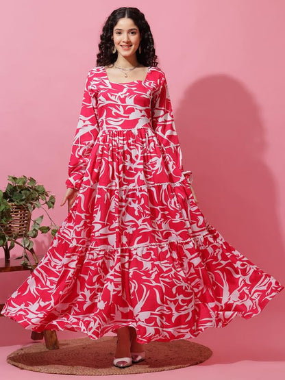 Sheetal Associates WomenS Pink & White Floral Printed Flared Fit & Flare Maxi Dress| Comfortable Relaxed Fit Summer Dress