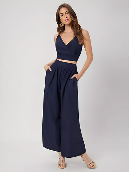 Kotty WomenS Solid Relaxed Fit Sleeveless Co-Ord Top And Trouser Set. Navy Blue