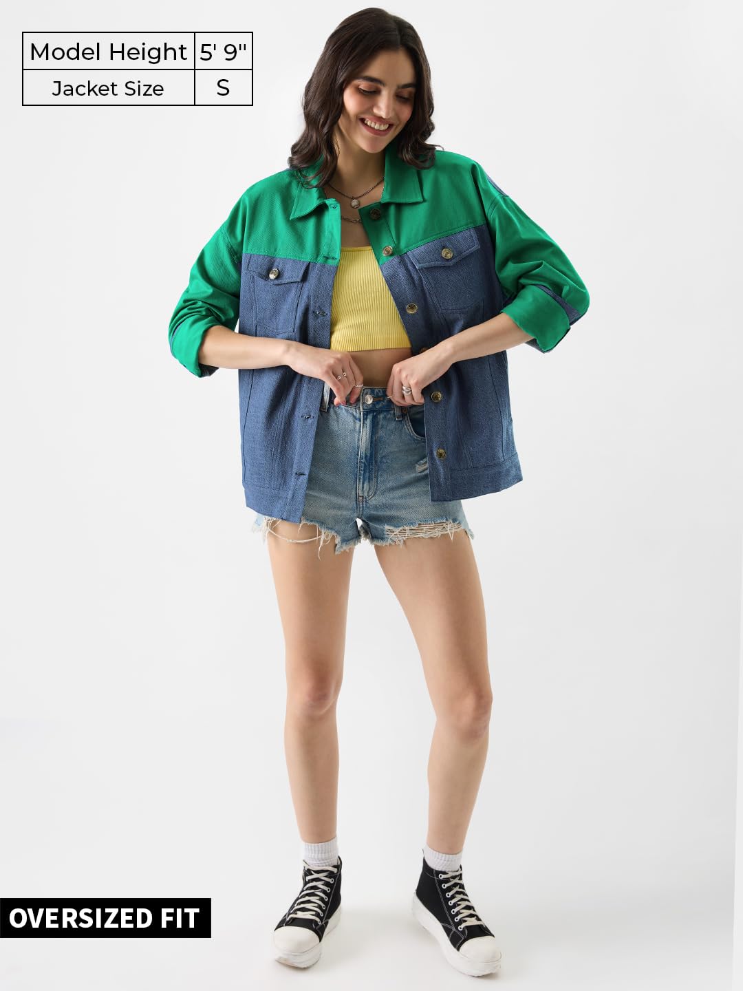 The Souled Store Vivid Green Women and Girls Oversize Fit Full Sleeve Colorblock Cotton Denim Jacket