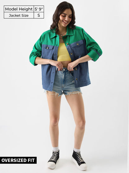 The Souled Store Vivid Green Women and Girls Oversize Fit Full Sleeve Colorblock Cotton Denim Jacket