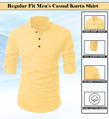 Finivo Fashion MenS Cotton Blend Solid Full Sleeve Short Kurta Shirt Yellow