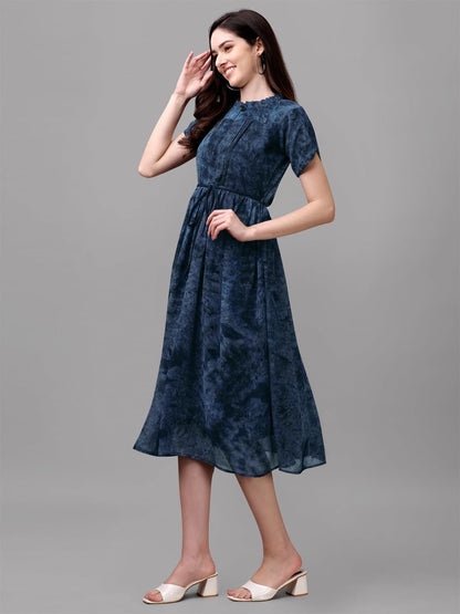 Gufrina WomenS Georgette Midi Dress With Short Sleeves Abstract Printed High Round Neck Knee Length Regular Fit And A Line Styl