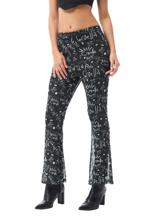 Bewakoof Air 1.0 Official Disney Merchandise WomenS All Over Printed Slim Fit Poly Mesh Flared Pants_ 615998 Black_ Xs