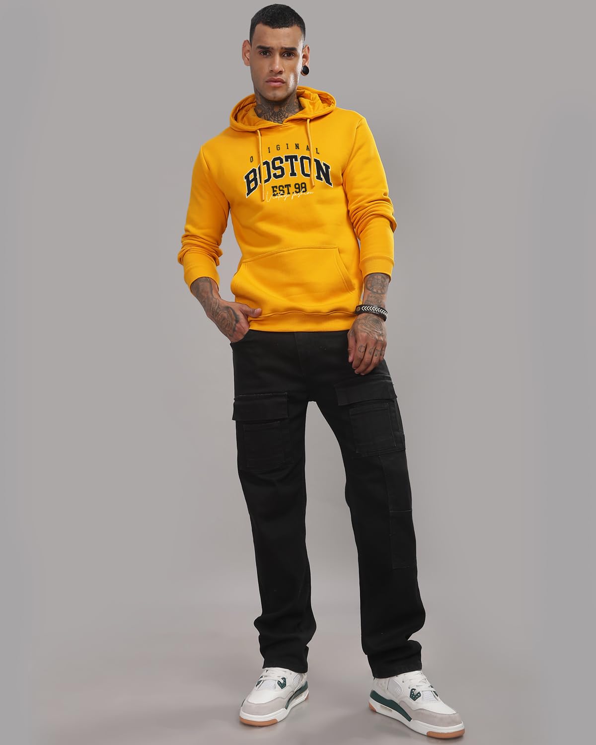ADRO Men's Cotton Neck Hooded Sweatshirt (H24-BOST-MU_Mustard