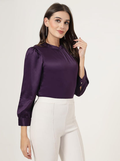 Style Quotient Women Solid Lavender Satin Regular Party Top