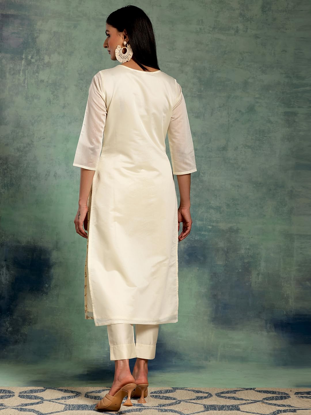 Libas Off White Printed Chanderi Silk Straight Kurta