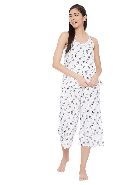 Clovia Womens Rayon Pretty Floral Cami Top & Culottes (LS0573A18_White_M)