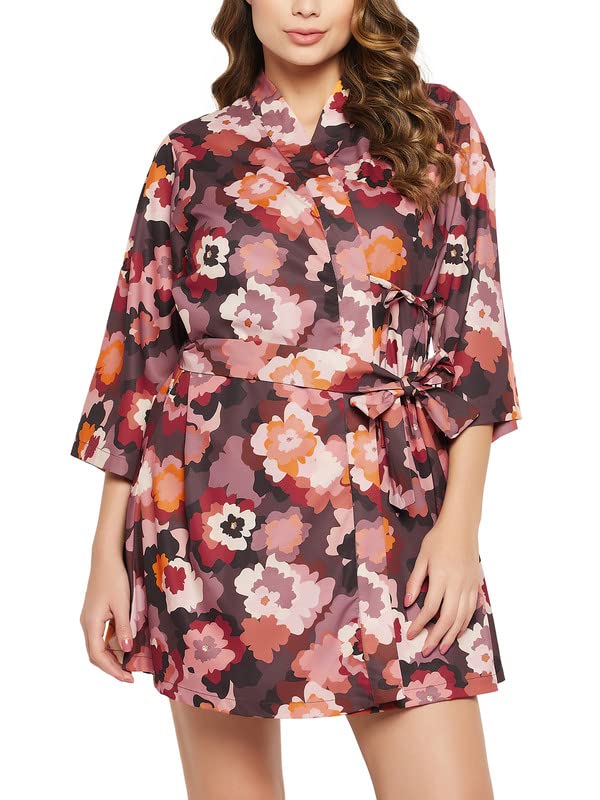 Clovia Womens Crepe Floral Print Robe in Multicolor (NS1329E19_Multi_XL)