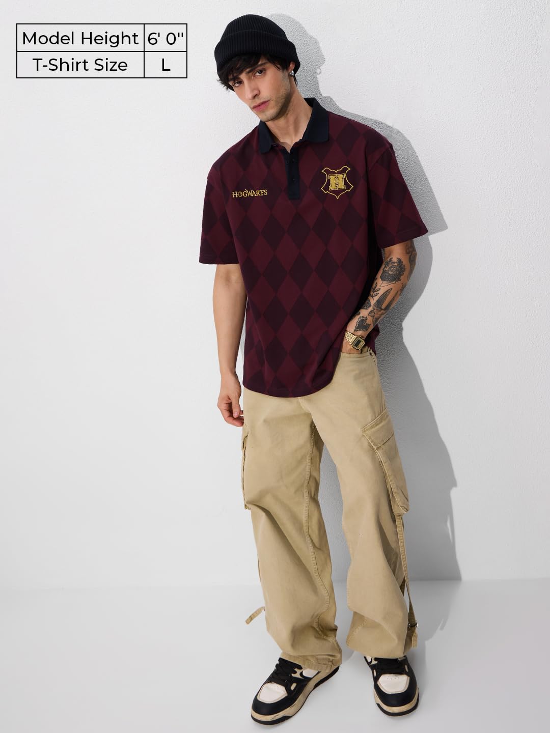 The Souled Store Jacquard Polo: Harry Potter Hogwarts Men and Boys Short Sleeve Collared Neck Cotton Oversized Polos Maroon