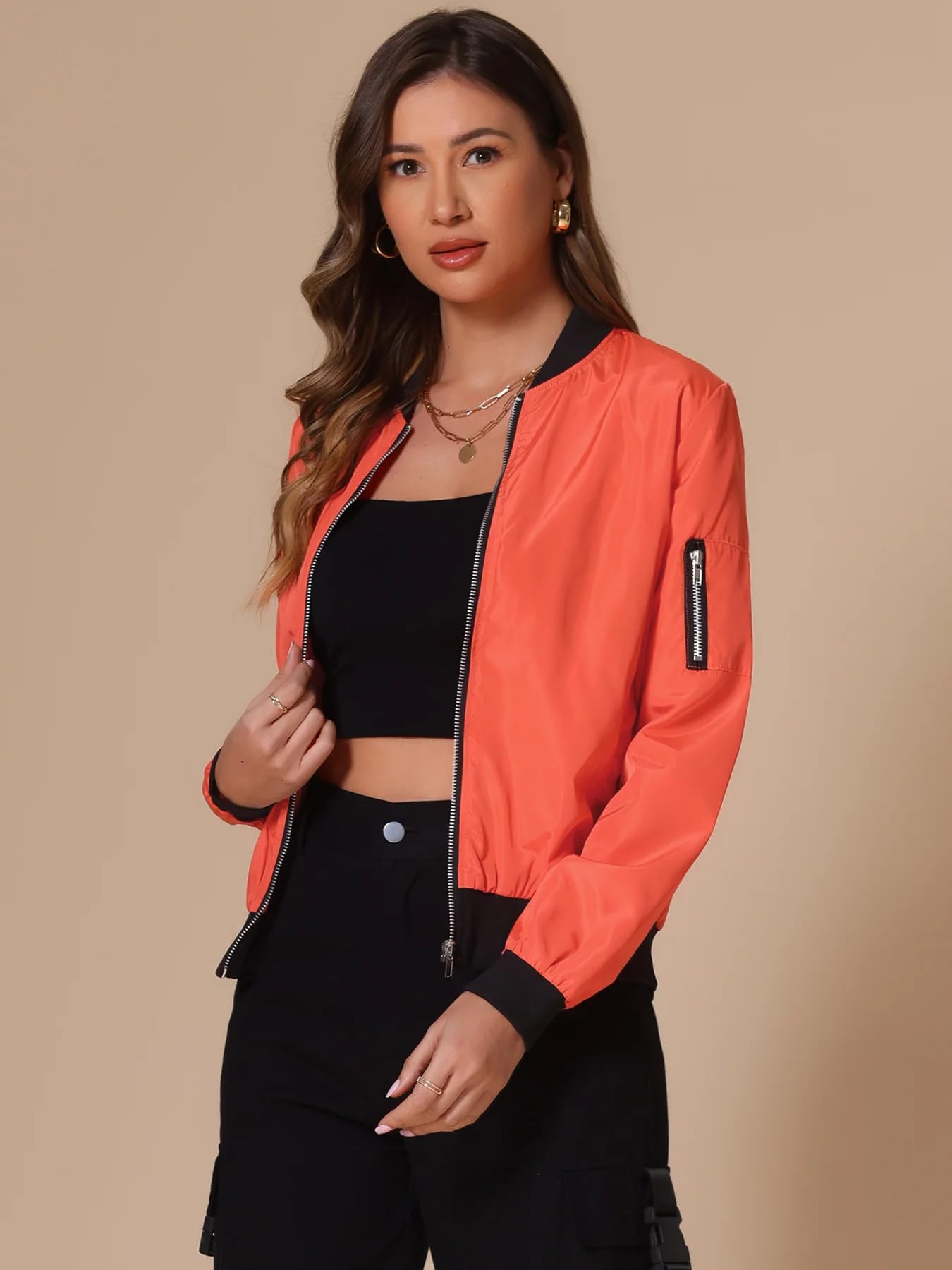 TAGAS Womens Solid Bomber Jacket  Lightweight Zip-Up Stylish Casual Wear  Full Sleeve Windcheater for Girls & Women