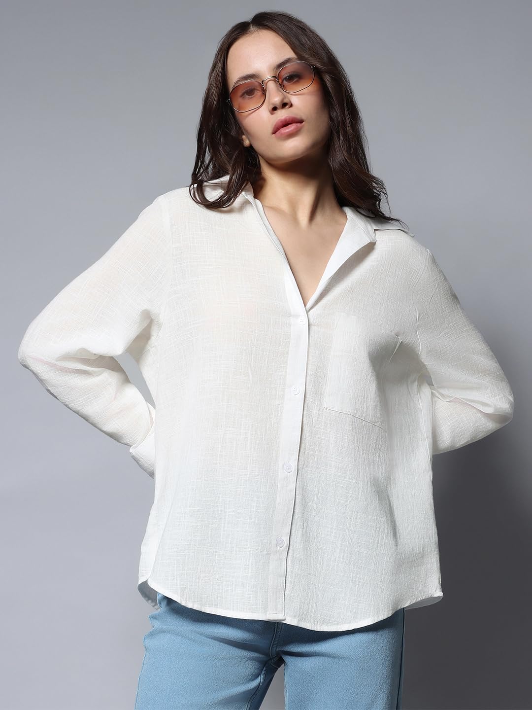 HIGH STAR Womens Oversized Fit Shirt (HSWSHW23509_WH_White