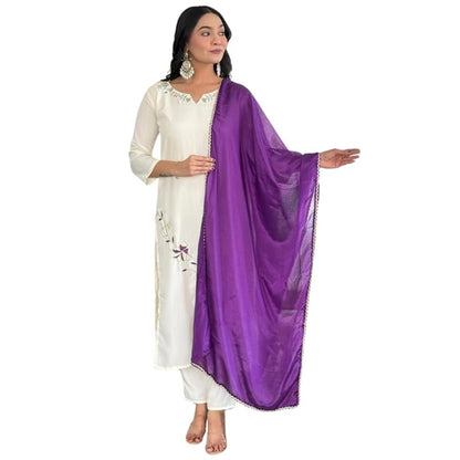 Naixa WomenS Off White Viscose Rayon Embroidered And Printed Straight Kurta With Viscose Rayon Pant And Chinon Dyed Dupatta Set