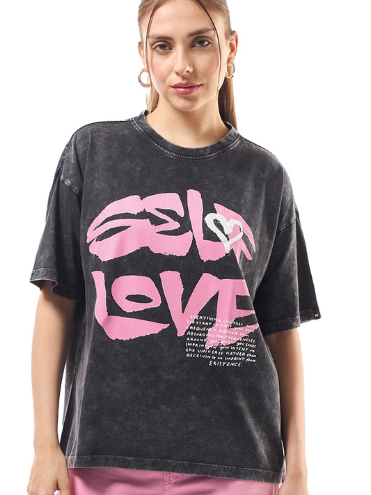 Bewakoof Womens Graphic Printed Oversized Fit Half Sleeve Round Neck Cotton Jersey Acid Wash T-Shirt_642120_Black_XS