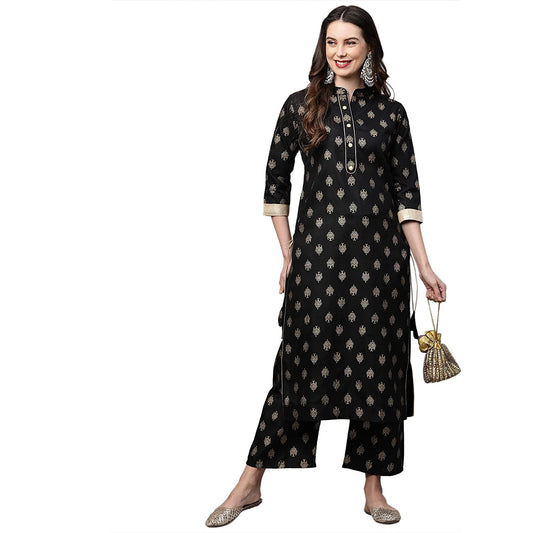 GoSriKi Women's Cotton Blend Straight Solid Kurta with Pant (Parbeen Nw