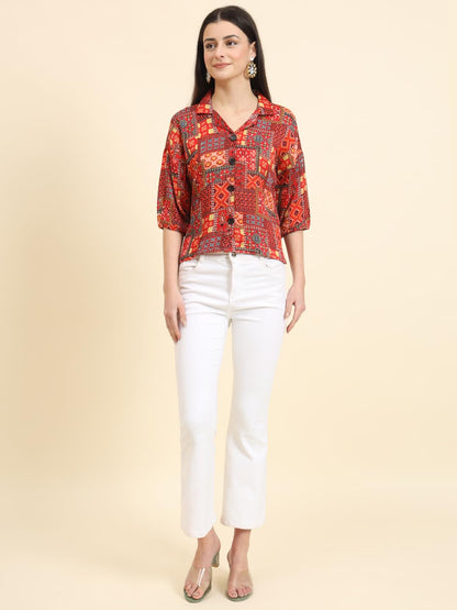 Vairagee Women Cotton Blend Red Striped Pattern V-Collar Three Quarter Sleeves Stylish Boxy Shirt (1730_2)