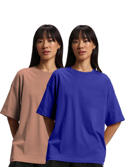 JUNEBERRY Pure Cotton Drop Shoulder Oversized Baggy Fit Half Sleeve Plain Solid Round Neck Multicolor T-Shirt for Women & Girls