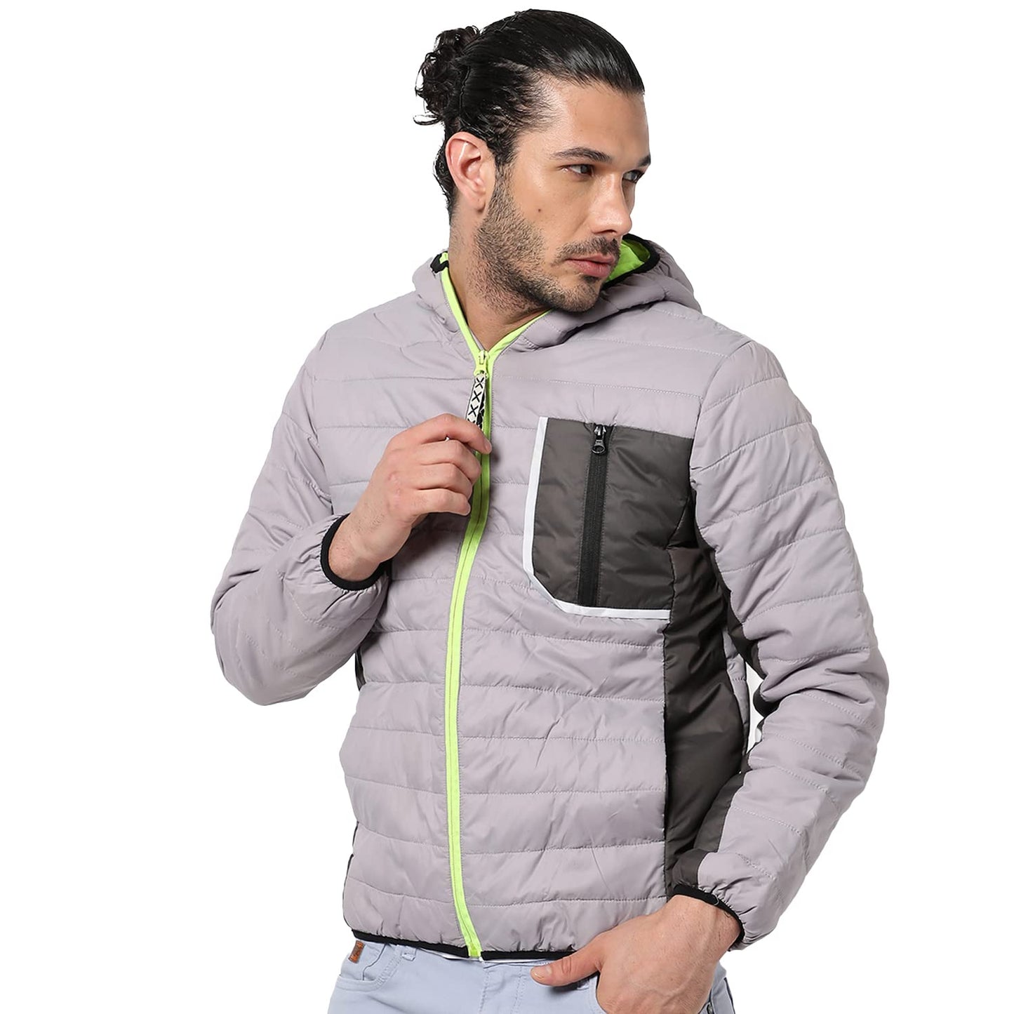 Campus Sutra Mens Grey Solid Puffer Regular Fit Bomber Jacket For Winter Wear | Hooded Collar | Full Sleeve | Zipper | Casual J