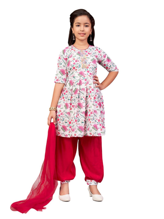 Aarika Girls Ethnic Wear Rani-White Colour Floral Print Beads Work Polycrepe Kurti Patiala Set With Dupatta-3-13 Years (Pt-Shm-5