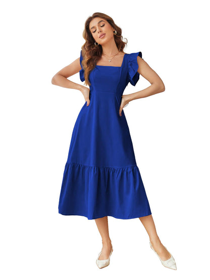 Shasmi GirlS & WomenS Solid Royal Blue Color Square Neck, Ruffle-Trimmed Hem Sleeveless, Ruffle Armhole And Casual Dress With