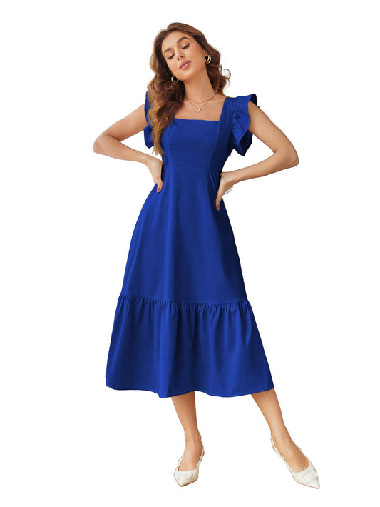 Shasmi GirlS & WomenS Solid Royal Blue Color Square Neck, Ruffle-Trimmed Hem Sleeveless, Ruffle Armhole And Casual Dress With