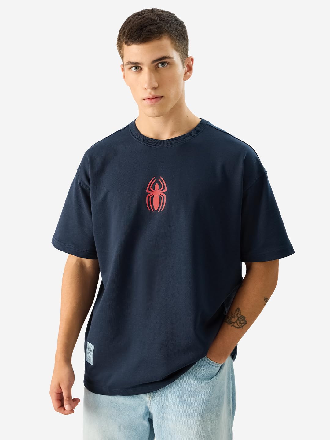 The Souled Store Official Tarot: Spider-Man Short Sleeve Round Neck Navy Blue Graphic Printed Cotton Oversized T-Shirts for Men