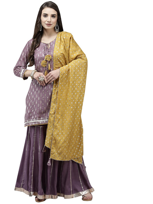 ishin Women's Silk Blend Printed Gotta Patti Purple Floral Print Straight Kurta suit set With Dupatta & Sharara