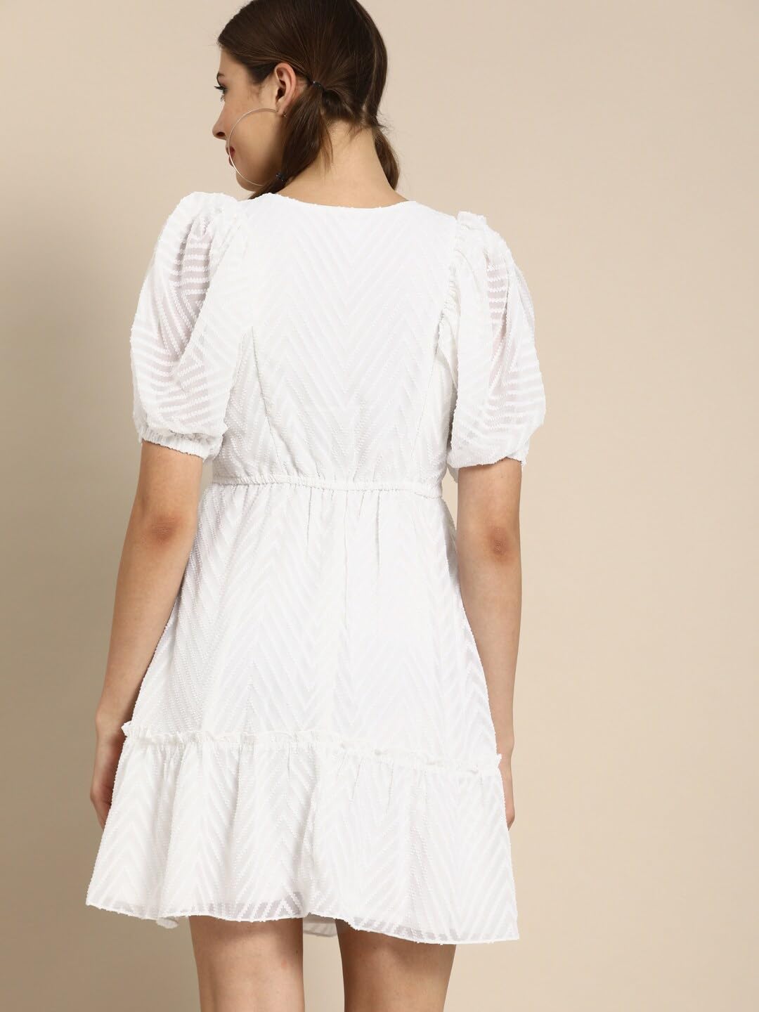 Shasmi Georgette Midi Dobby Pattern Geometric A-Line Dress (Dresses For Women 79_White