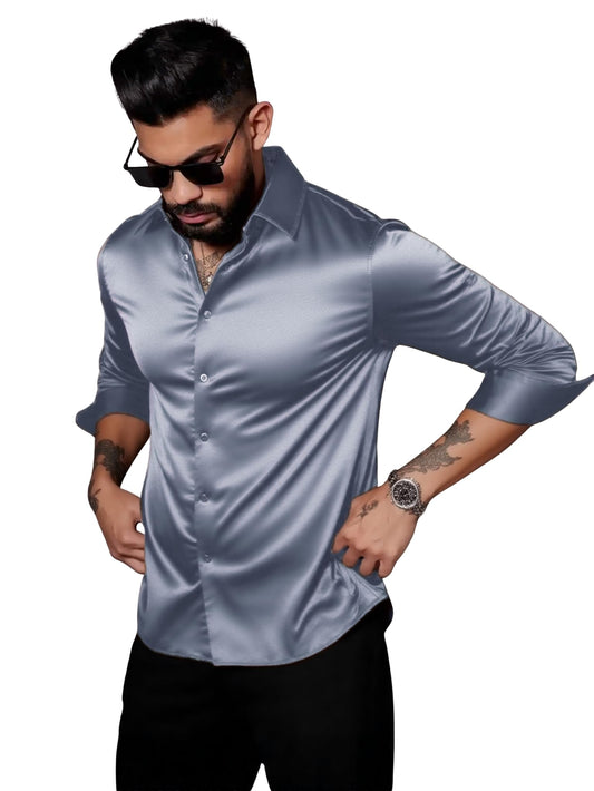 Indoprimo MenS Stylish Solid Satin Casual Shirt For Men Full Sleeve Darkgrey