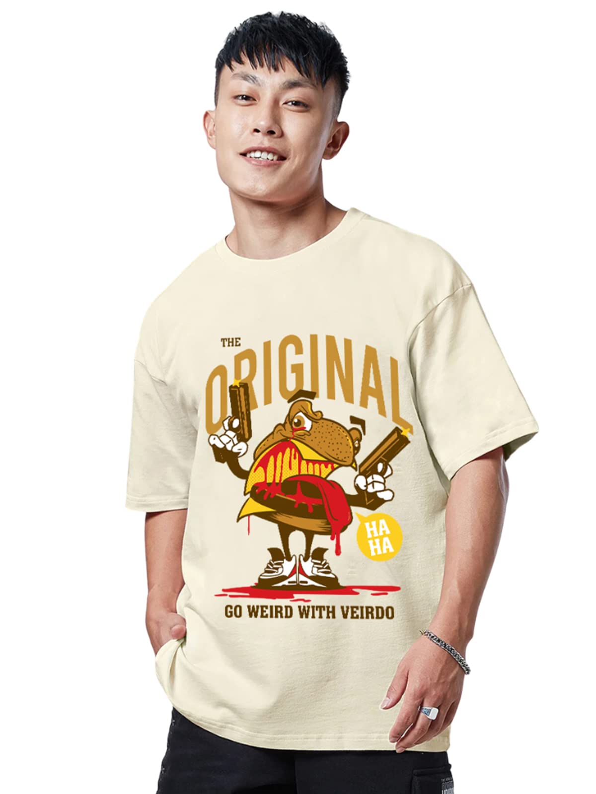 Veirdo Mens Oversized Baggy Fit Comfortable Cotton Round Neck Drop Shoulder T-Shirt with Graphic Print Collection Tee &