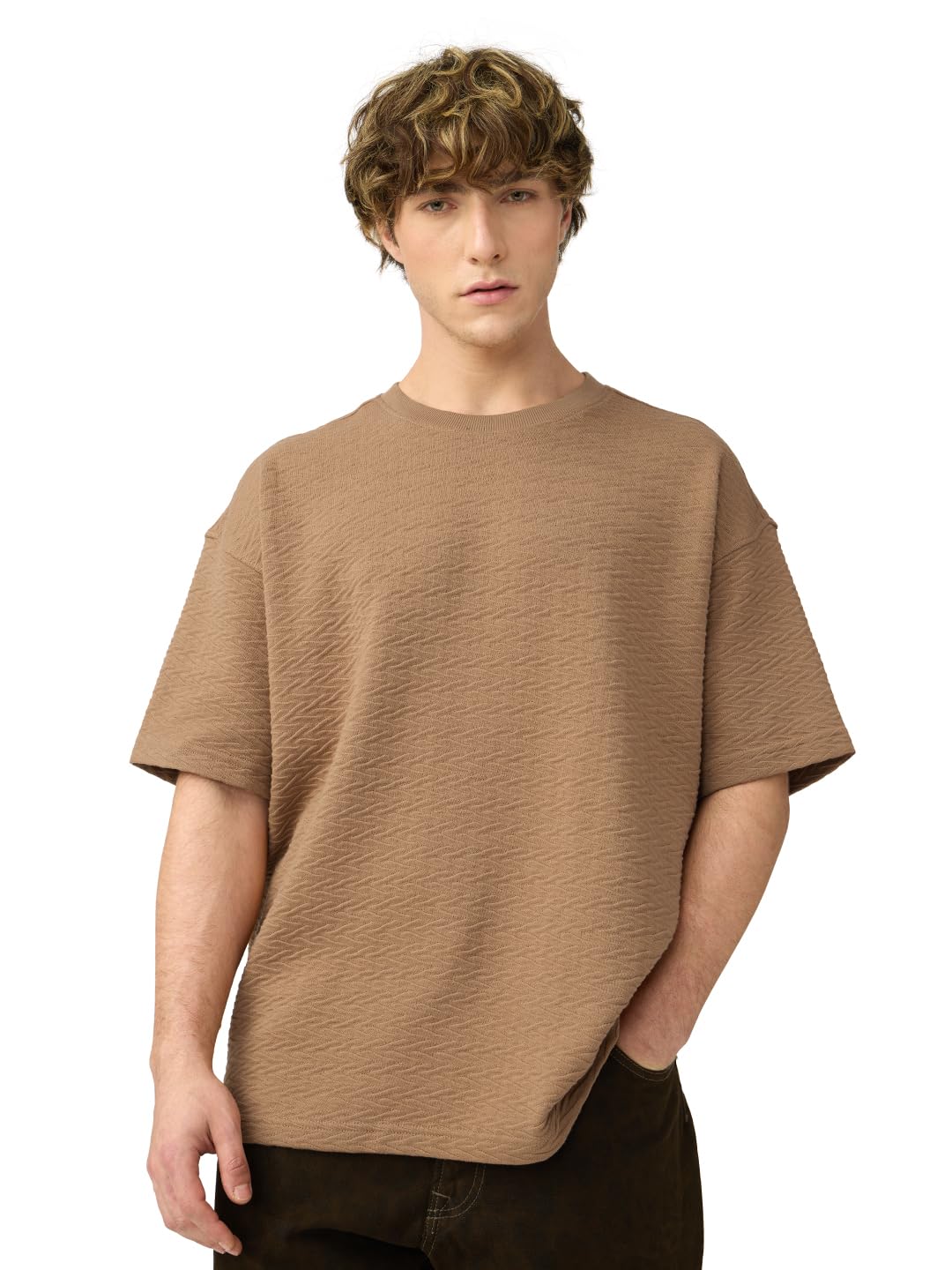 The Souled Store Textured T-Shirt: Sand Men and Boys Short Sleeves Round Neck Solid Cotton Blend Oversized T-Shirts