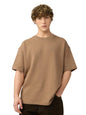The Souled Store Textured T-Shirt: Sand Men and Boys Short Sleeves Round Neck Solid Cotton Blend Oversized T-Shirts