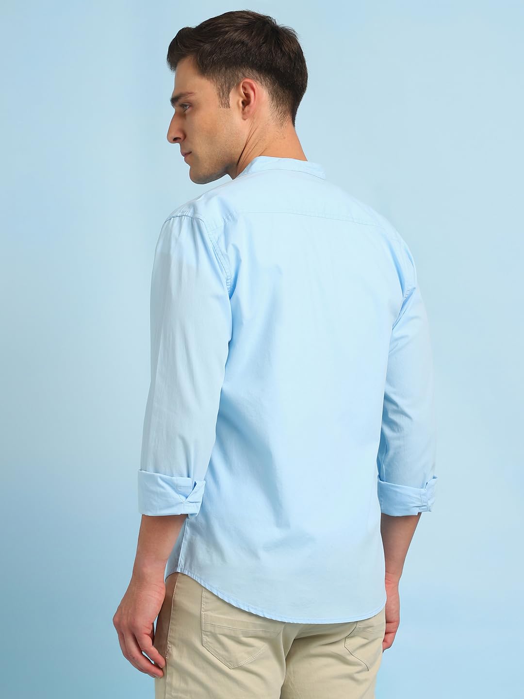 Dennis Lingo Men Solid Mandarin Collar Full Sleeves Regular Fit Casual Shirt Skyblue