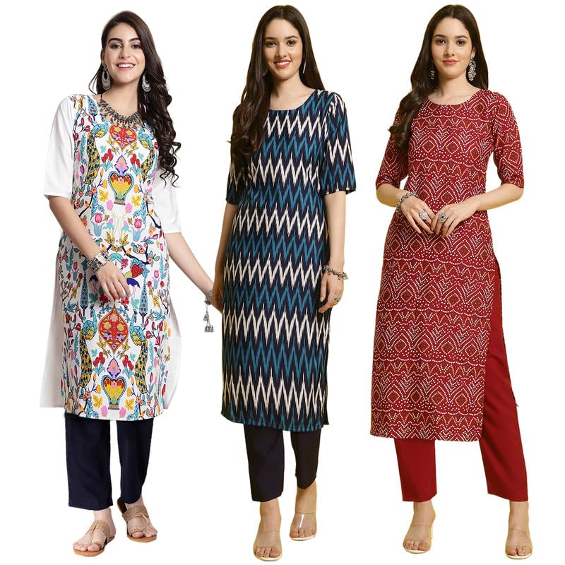 Pinkmint WomenS Crepe Printed Kurta And Pant Set (Pack Of 3)