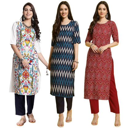 Pinkmint WomenS Crepe Printed Kurta And Pant Set (Pack Of 3)